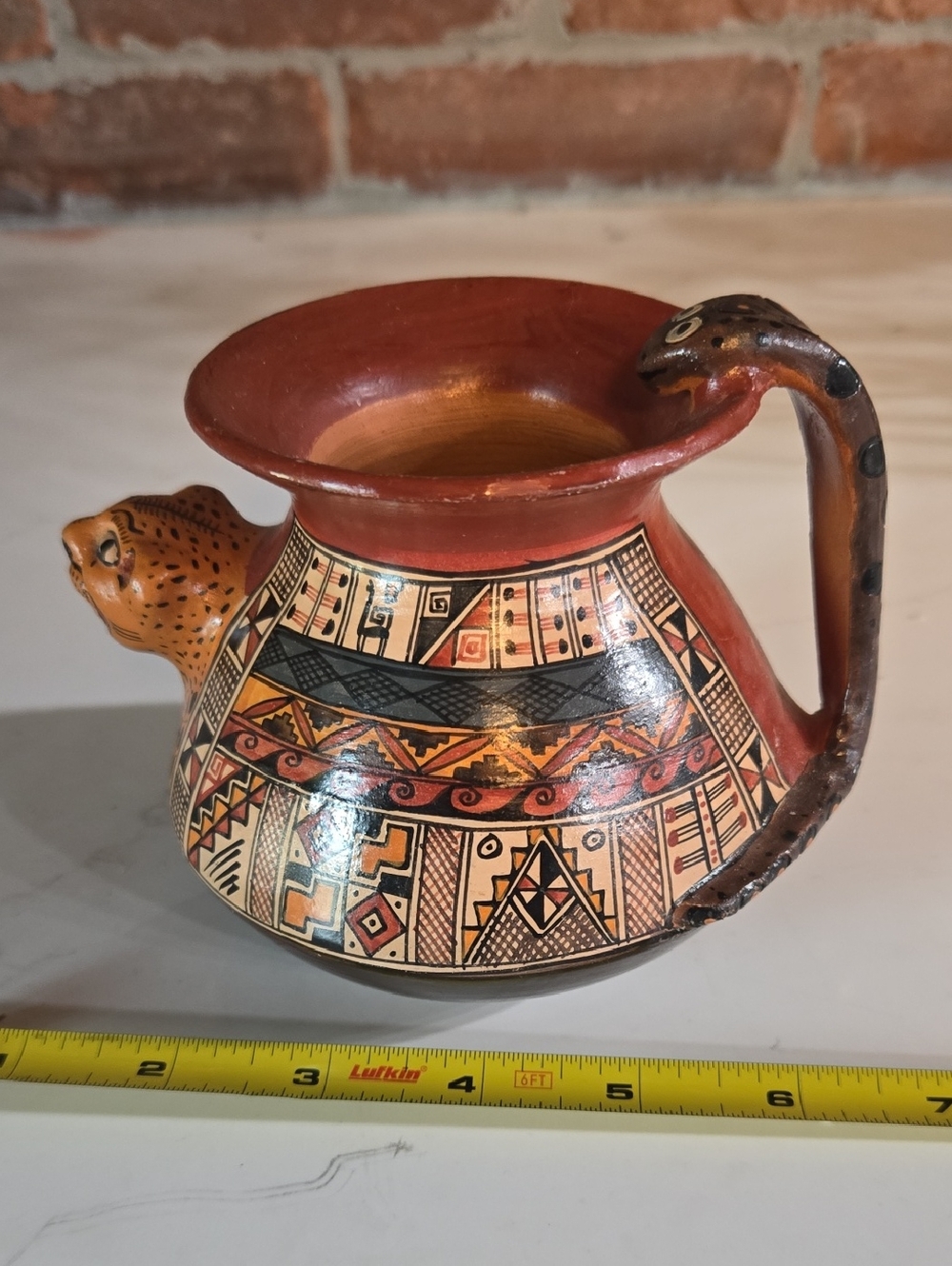 Handcrafted Painted Ceramic Pitcher in Red and Brown